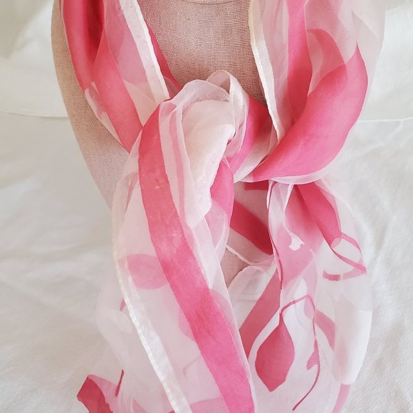 Gossamer Pink Accessories - White and Pink Falling Leaves Scarf 14" X 43"
